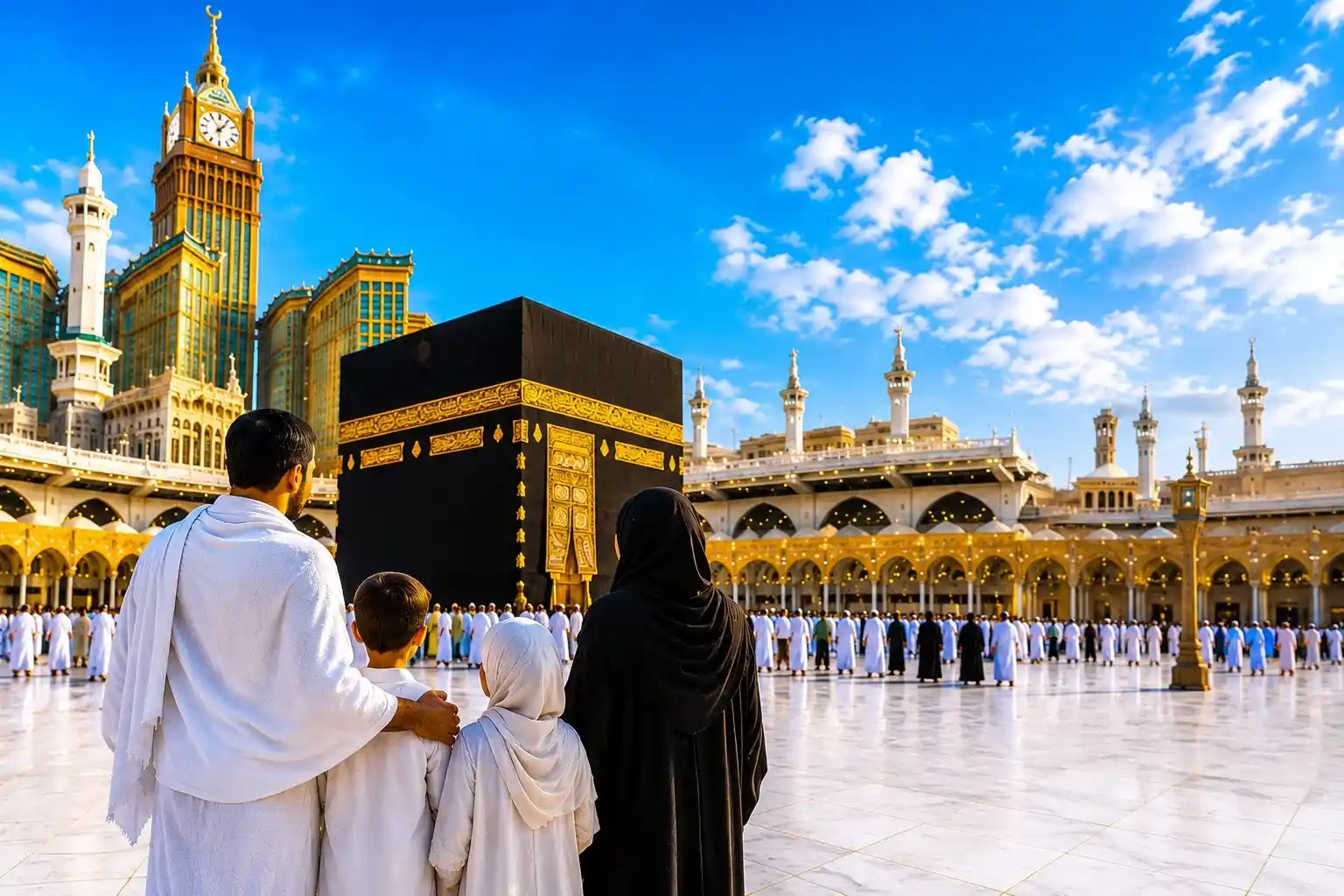 Australian Muslim family planning Umrah journey with Makkah Clock Tower and Kaaba in background, Umrah Cost Guide Australia 2026