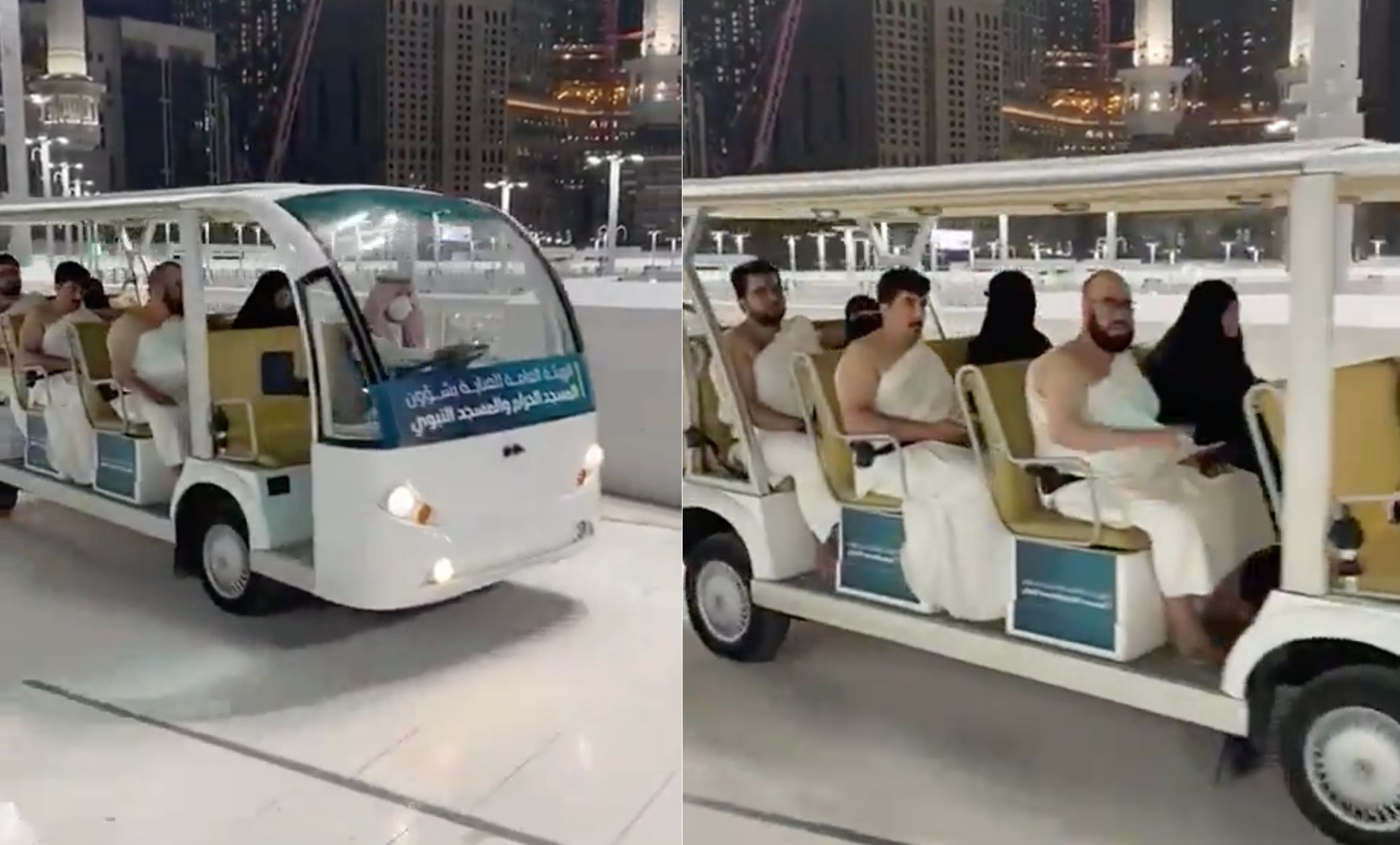 Electric carts transporting pilgrims inside Masjid al-Haram in Makkah, helping elderly and disabled visitors perform Umrah comfortably