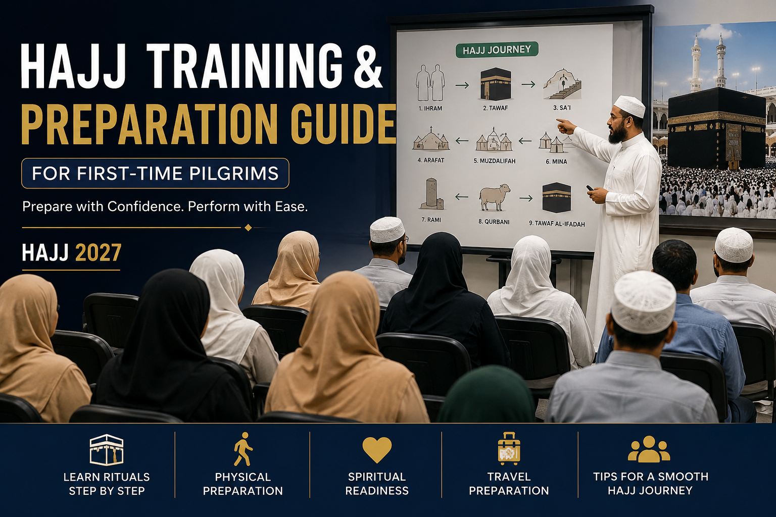 First-time pilgrims attending Hajj training session with an Imam explaining rituals of Hajj preparation