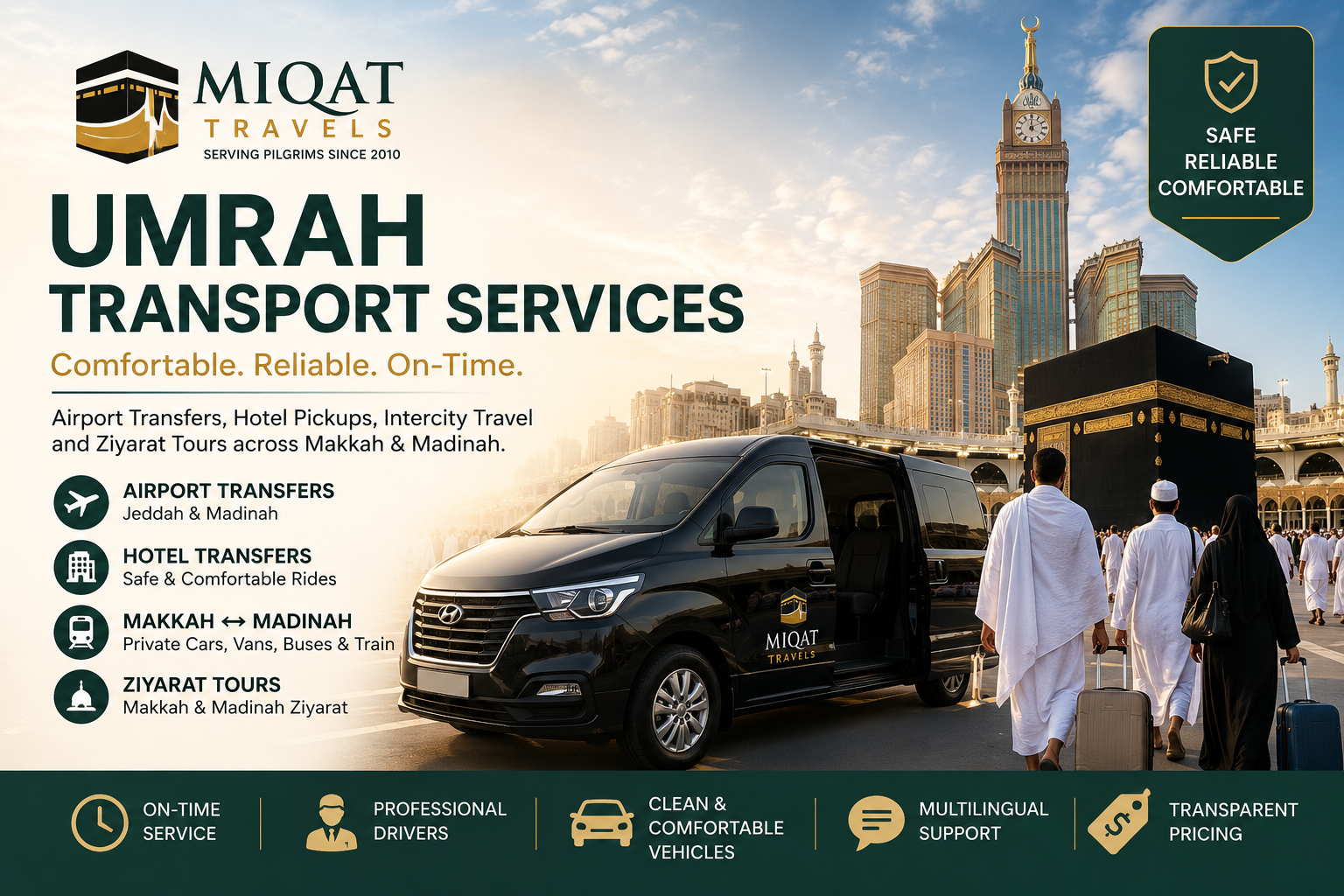 Umrah transport service vehicle ready for airport pickup in Saudi Arabia with pilgrims traveling to Makkah