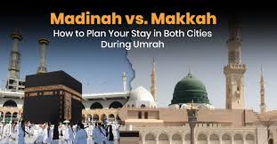 Pilgrims performing Umrah in Makkah with Kaaba in foreground and Masjid an-Nabawi in Madinah shown in a split scenic composition